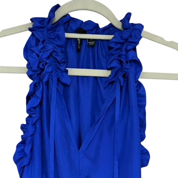 Vintage Y2K 100% Silk Ruffle Neck Sleeveless Blouse Cobalt Blue Top Size S - Picture 4 of 6
